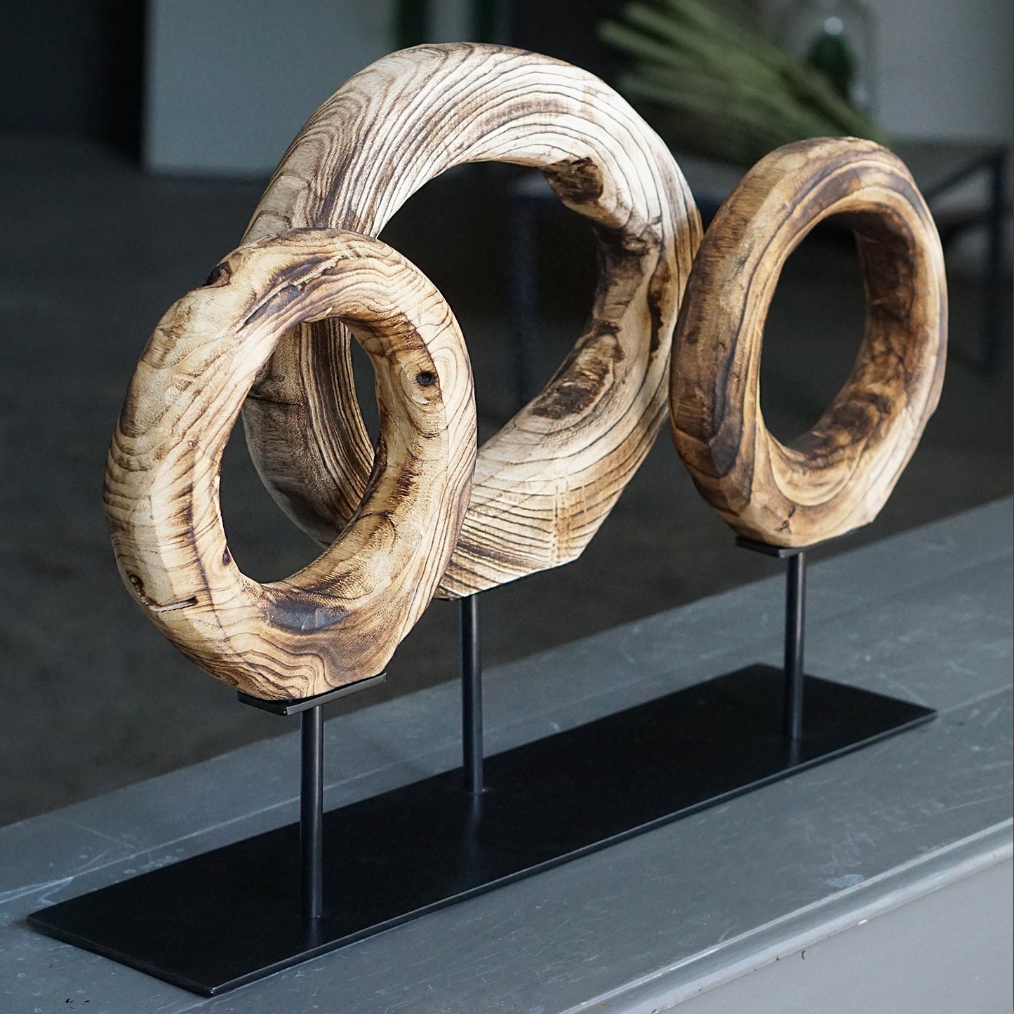 Wood Ring Sculpture x3 on Stand By Gold Leaf | Sculptures | Modishstore - 2