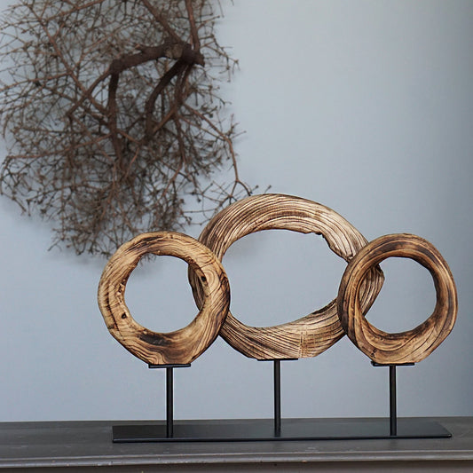 Wood Ring Sculpture x3 on Stand By Gold Leaf | Sculptures | Modishstore - 1