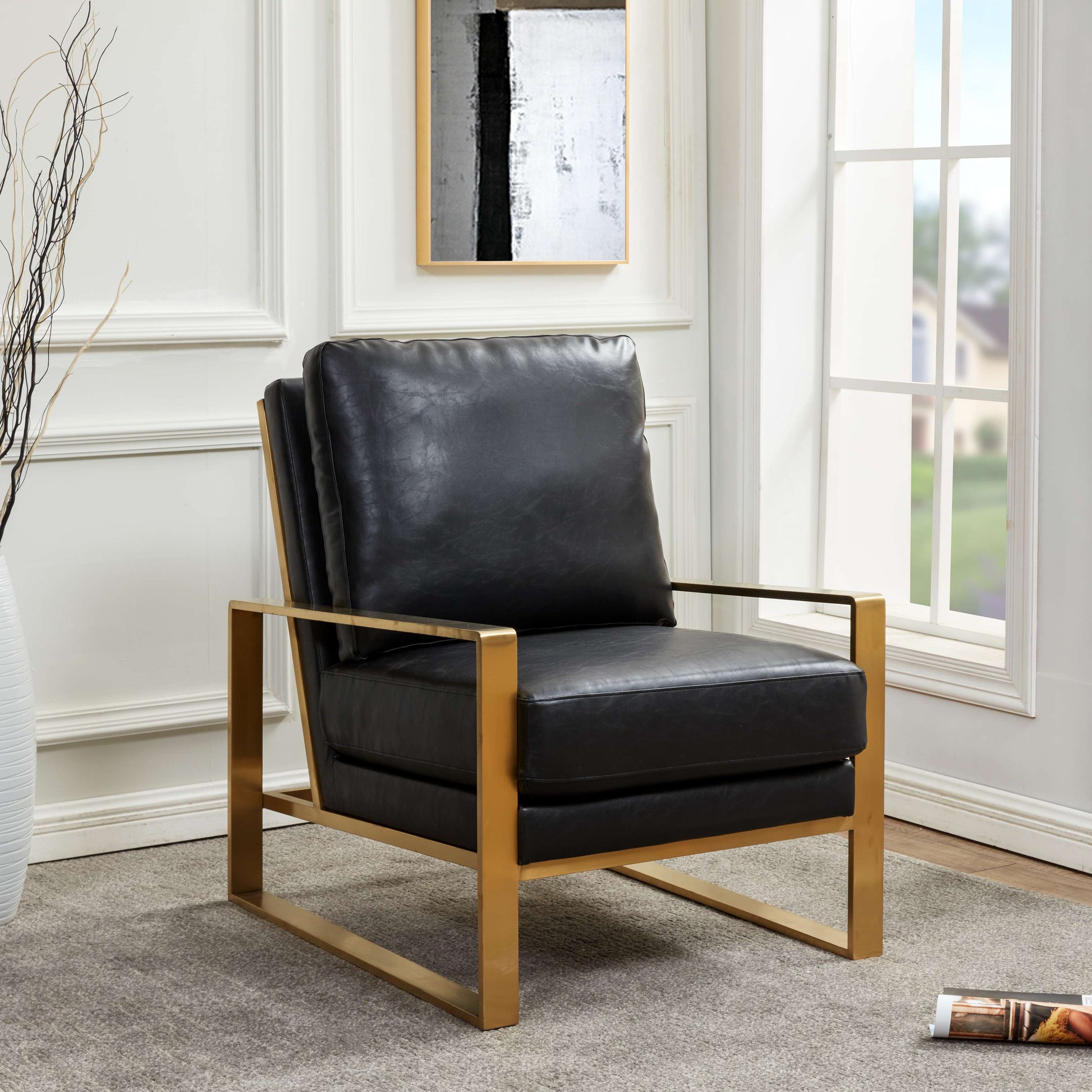 LeisureMod Jefferson Leather Modern Design Accent Armchair With Elegant Gold Frame | Armchairs | Modishstore