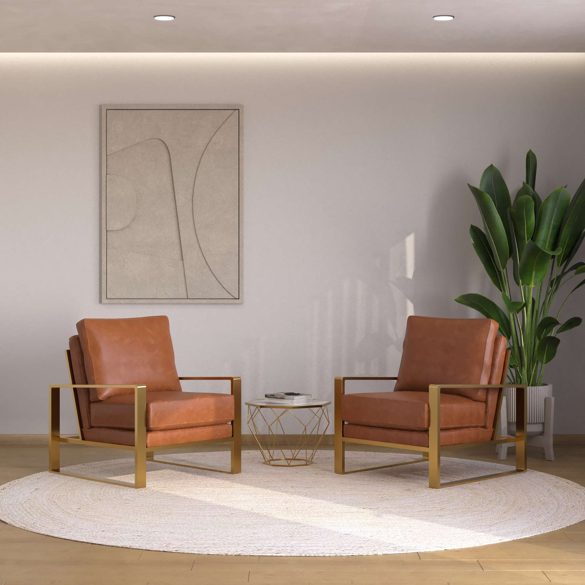 LeisureMod Jefferson Leather Armchair with Gold Frame and Octagon Coffee Table with Geometric Base | Armchairs | Modishstore - 15