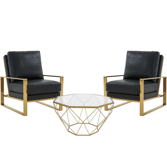 LeisureMod Jefferson Leather Armchair with Gold Frame and Large Octagon Coffee Table with Geometric Base | Armchairs | Modishstore