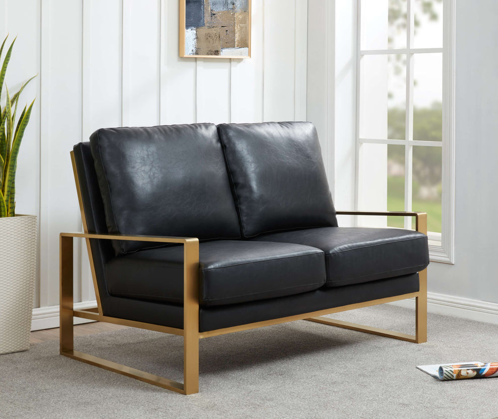 LeisureMod Leather Loveseat - Gold Frame - Black | Loveseats | Modishstore