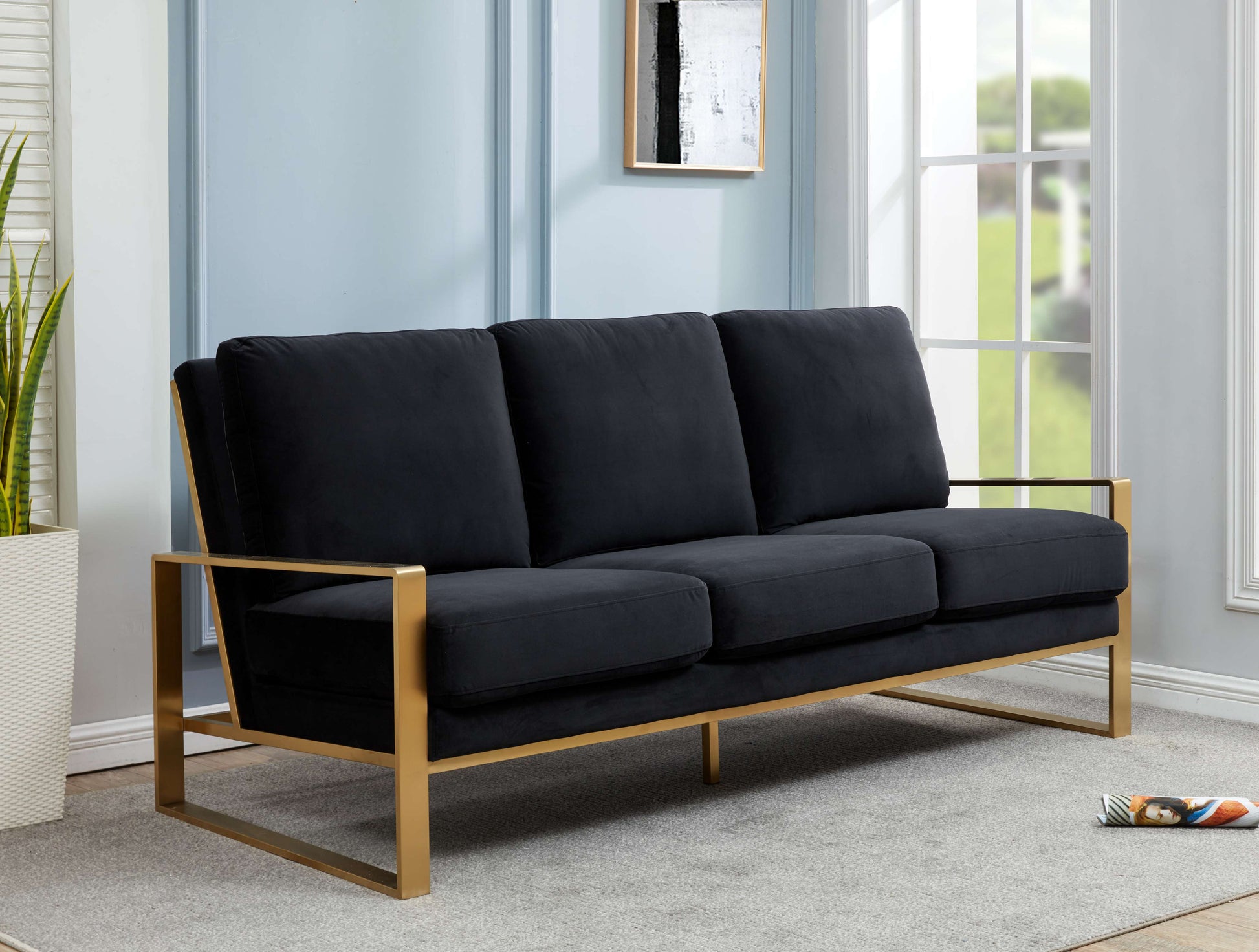 LeisureMod Jefferson Contemporary Modern Design Velvet Sofa With Gold Frame. | Sofas | Modishstore - 9