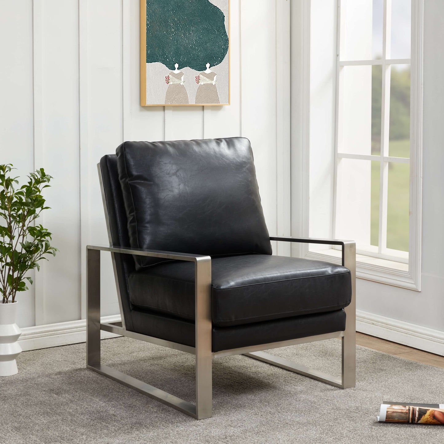 LeisureMod Jefferson Leather Modern Design Accent Armchair With Elegant Silver Frame | Armchairs | Modishstore