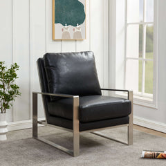 LeisureMod Jefferson Leather Modern Design Accent Armchair With Elegant Silver Frame