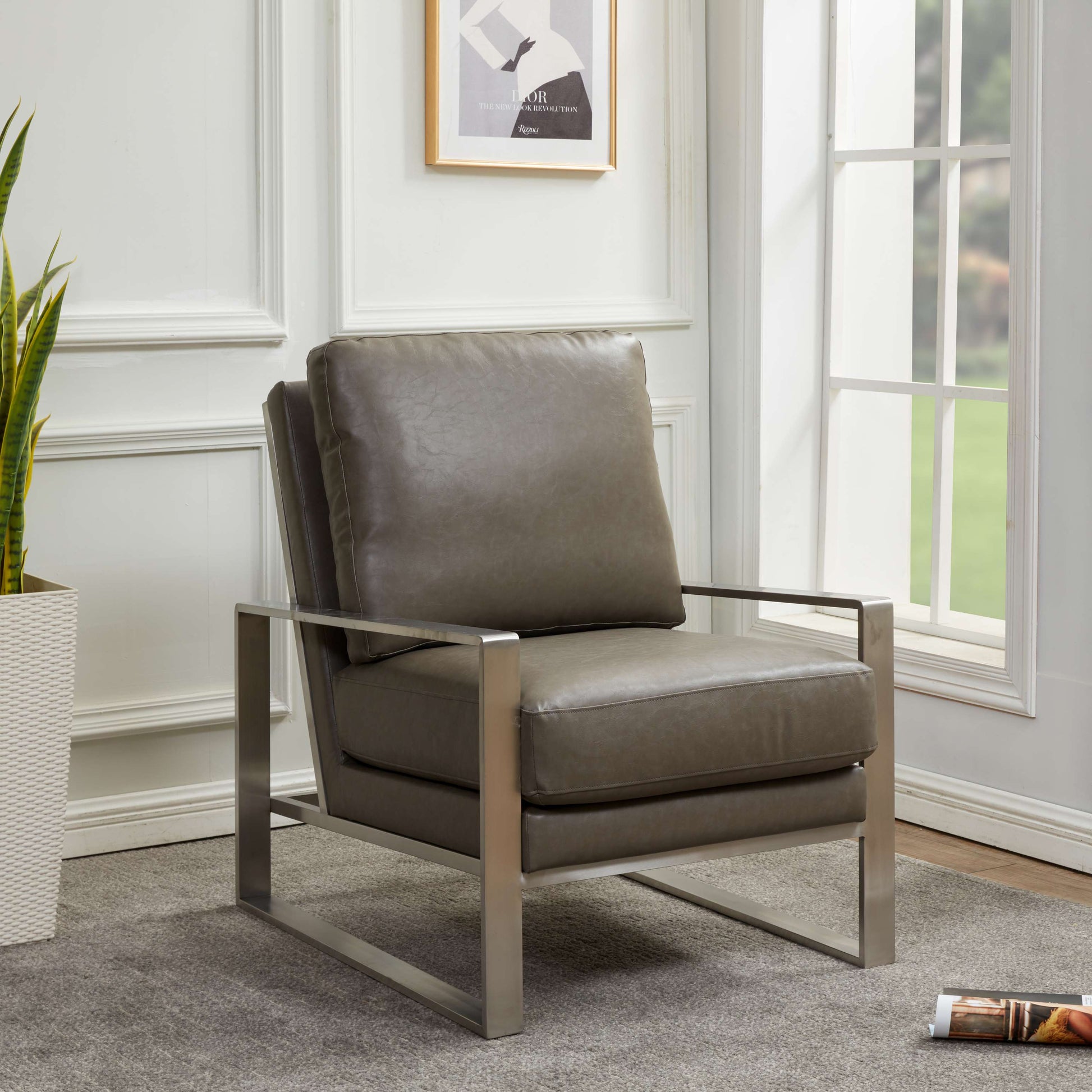 LeisureMod Jefferson Leather Modern Design Accent Armchair With Elegant Silver Frame