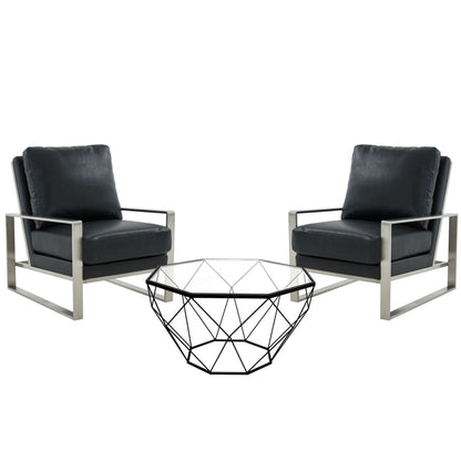 LeisureMod Jefferson Leather Armchair with Silver Frame and Large Octagon Coffee Table with Geometric Base | Armchairs | Modishstore