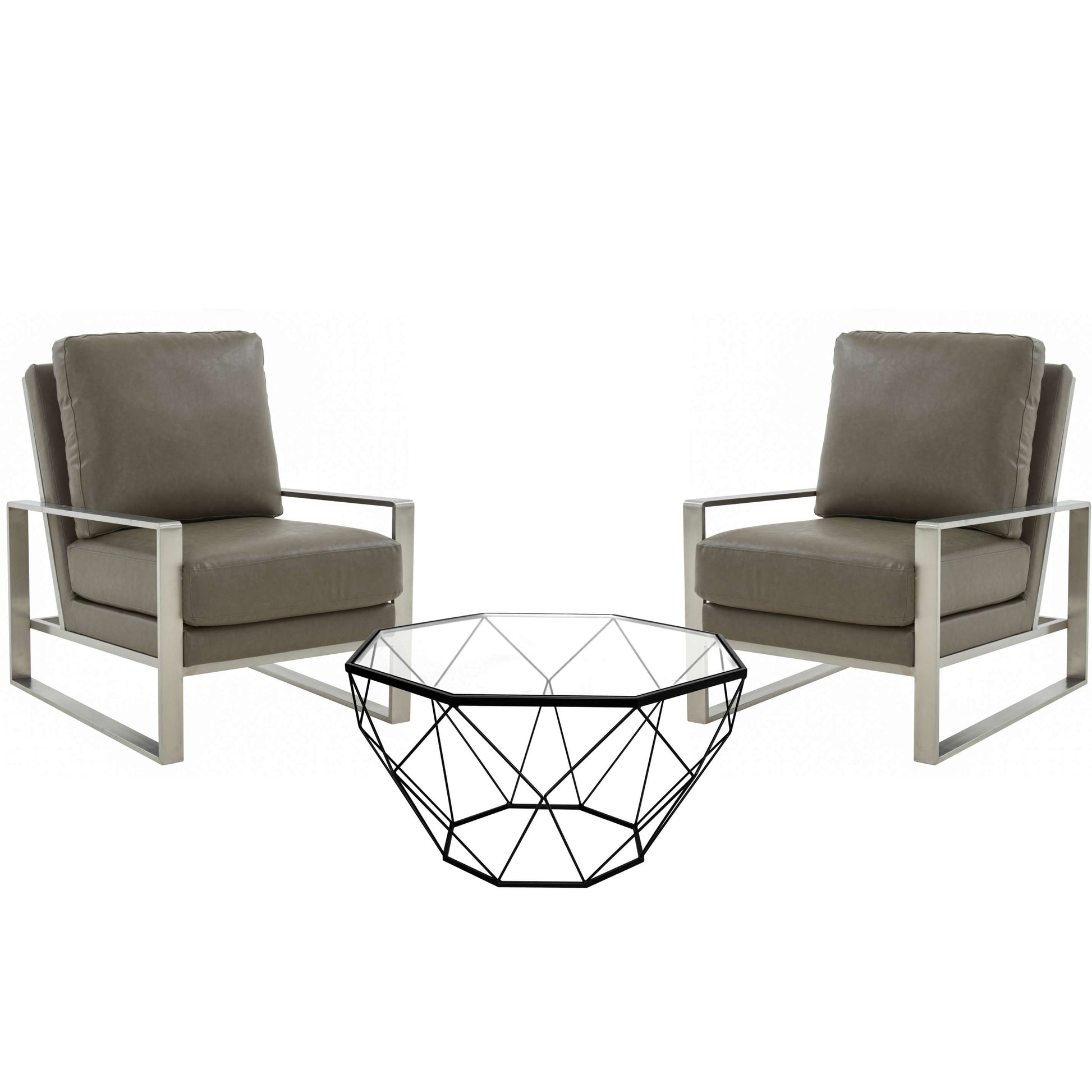LeisureMod Jefferson Leather Armchair with Silver Frame and Large Octagon Coffee Table with Geometric Base | Armchairs | Modishstore - 27