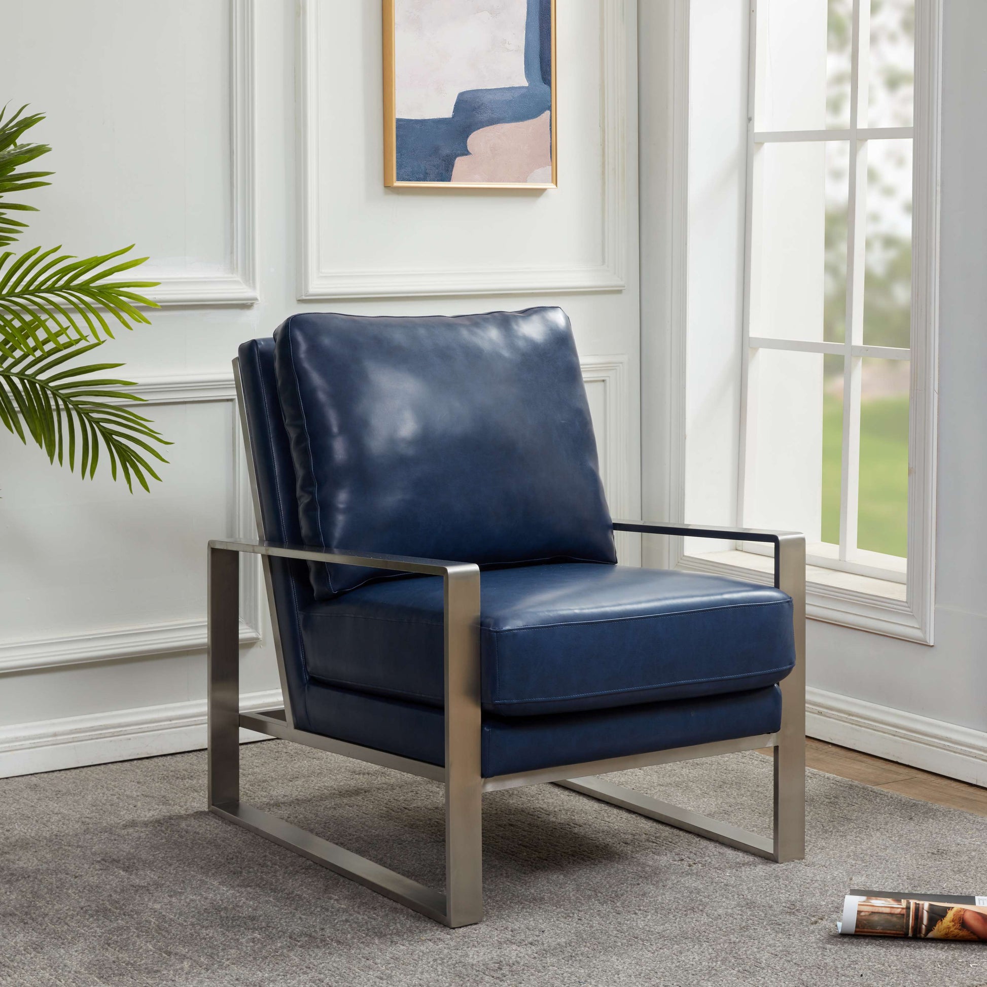 LeisureMod Jefferson Leather Modern Design Accent Armchair With Elegant Silver Frame | Armchairs | Modishstore - 20