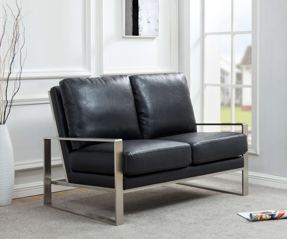 Leisuremod Jefferson Contemporary Modern Faux Leather Loveseat With Silver Frame | Loveseats | Modishstore