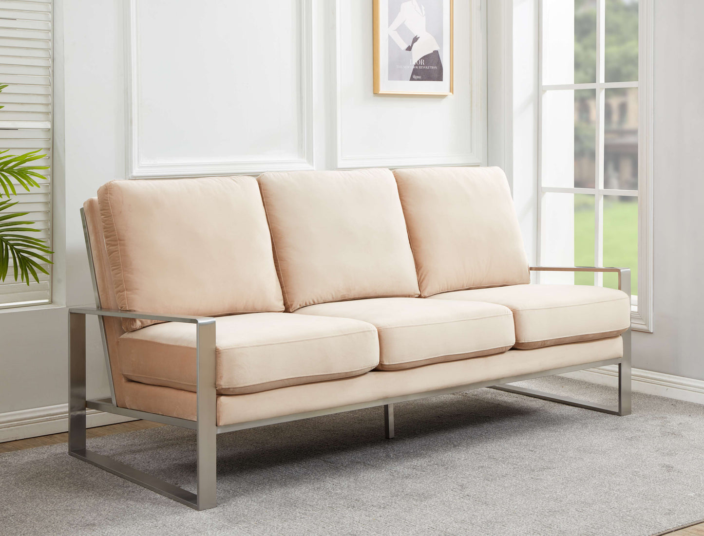 LeisureMod Jefferson Contemporary Modern Design Velvet Sofa With Silver Frame | Sofas | Modishstore