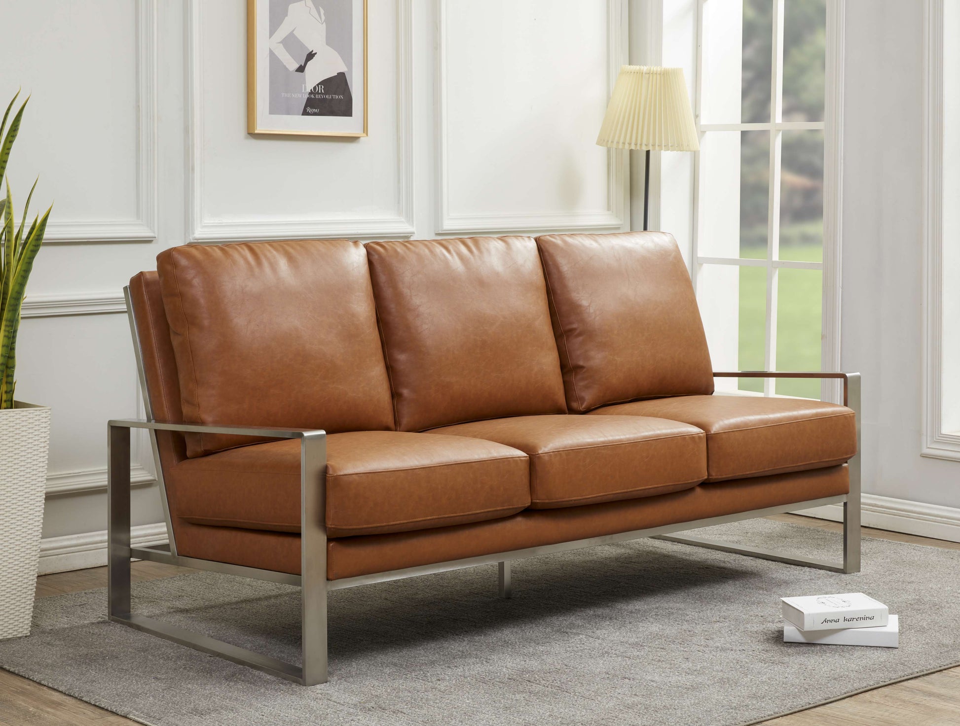 LeisureMod Jefferson Contemporary Modern Design Leather Sofa With Silver Frame | Sofas | Modishstore - 9