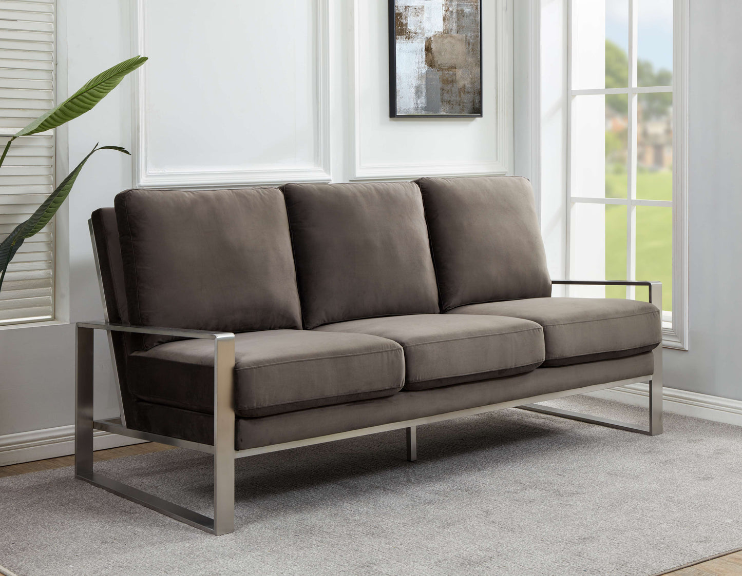 LeisureMod Jefferson Contemporary Modern Design Velvet Sofa With Silver Frame | Sofas | Modishstore - 15
