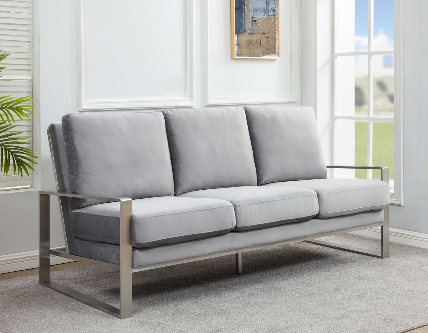 LeisureMod Jefferson Contemporary Modern Design Velvet Sofa With Silver Frame | Sofas | Modishstore - 22