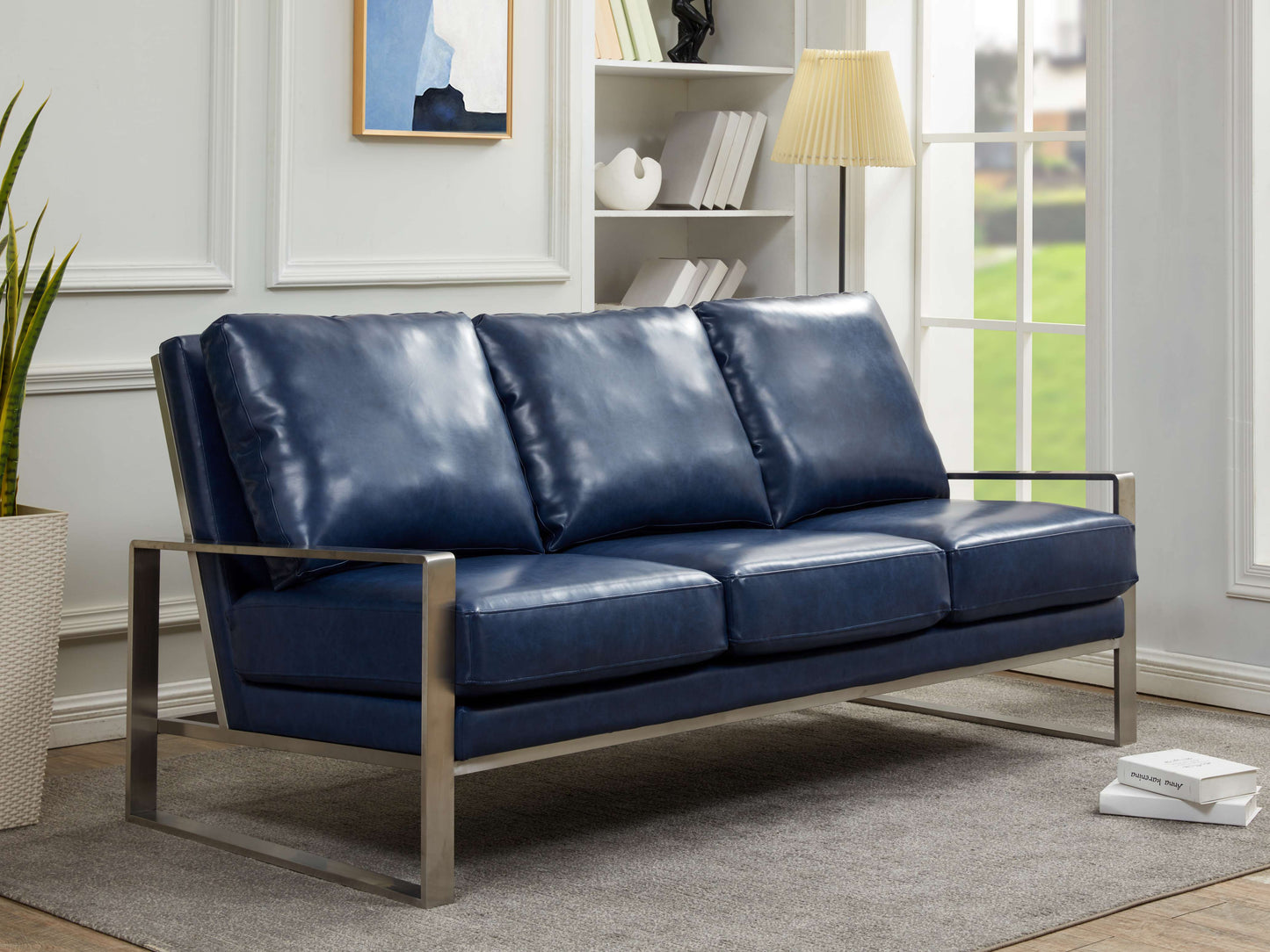 LeisureMod Jefferson Contemporary Modern Design Leather Sofa With Silver Frame | Sofas | Modishstore - 23