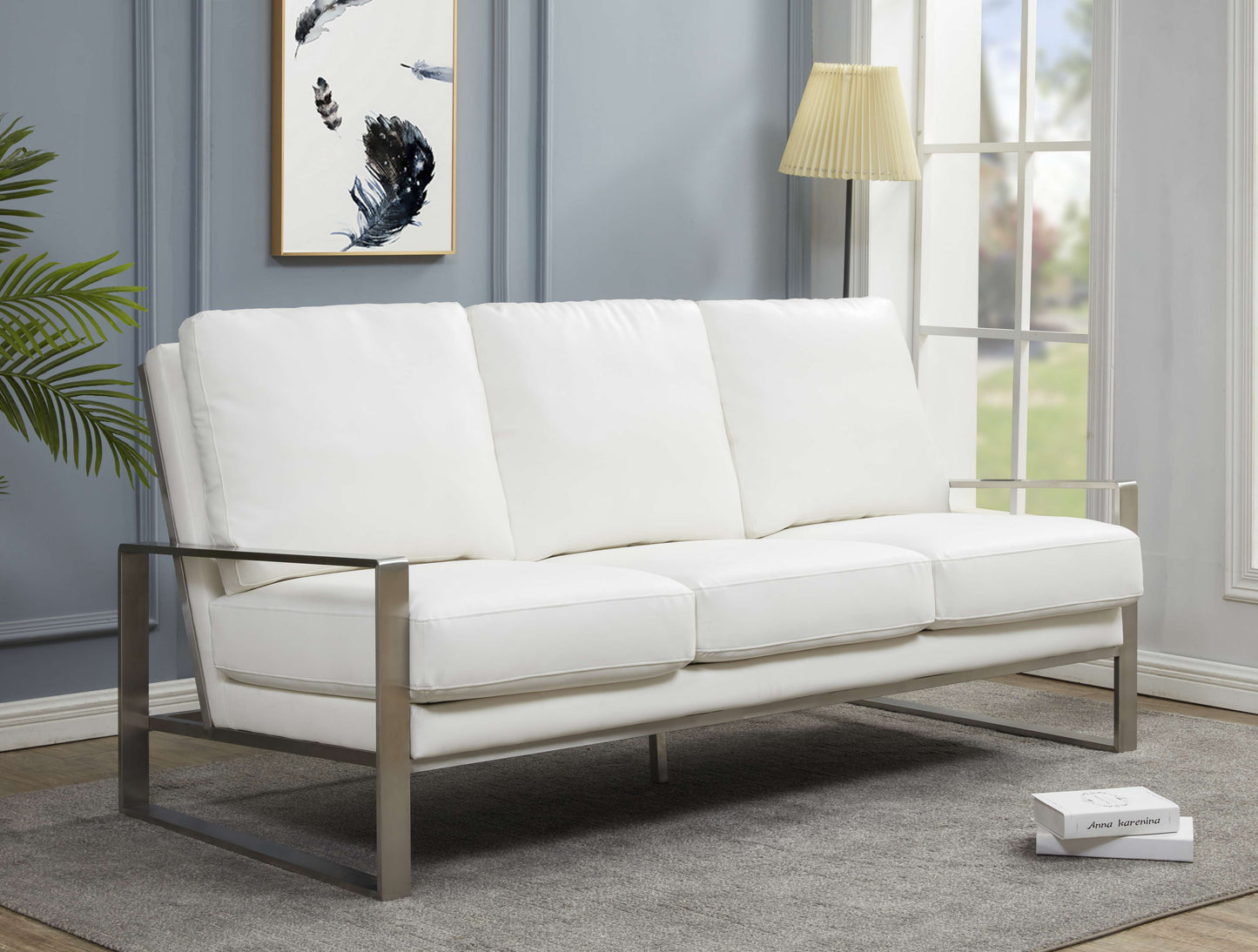 LeisureMod Jefferson Contemporary Modern Design Leather Sofa With Silver Frame | Sofas | Modishstore - 30