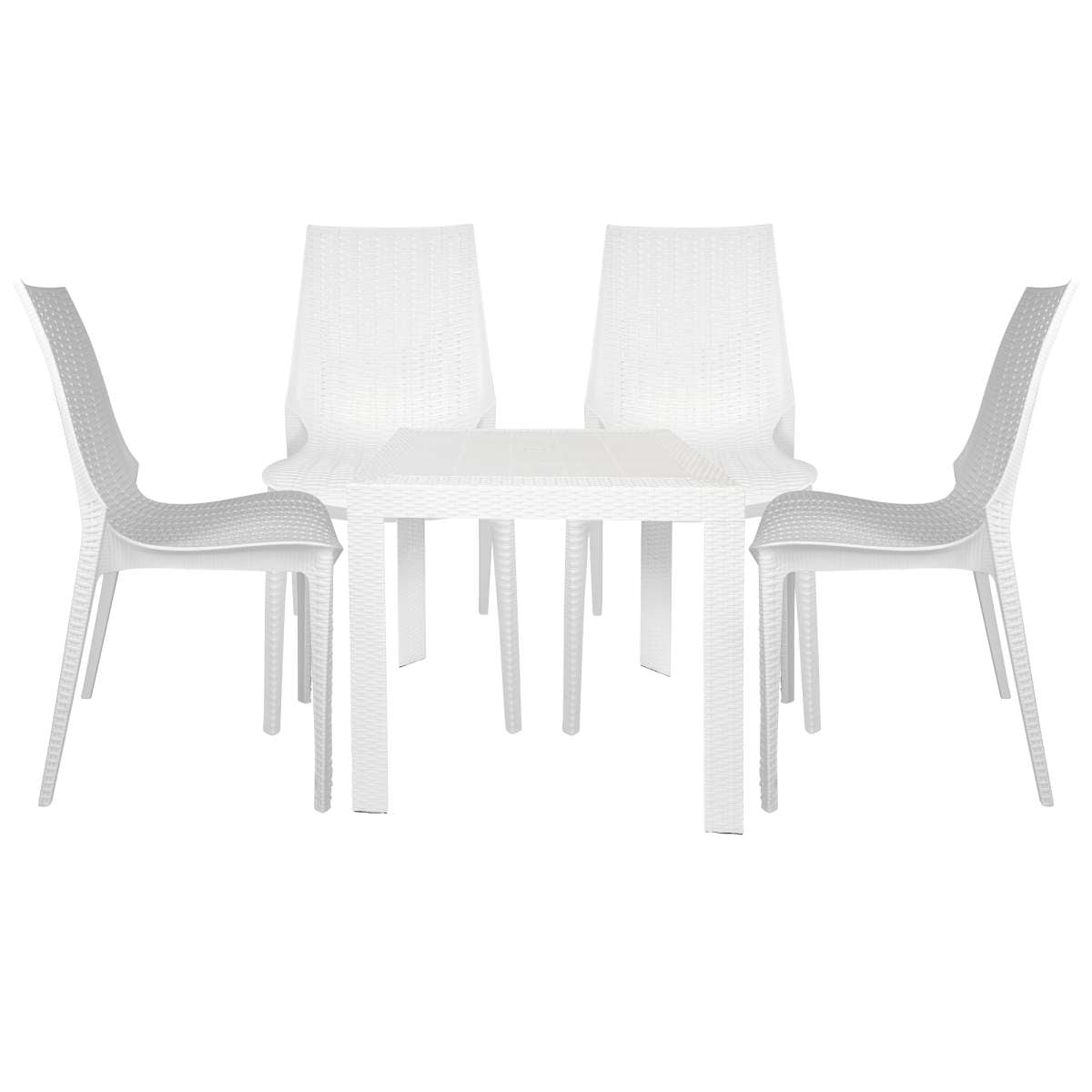 LeisureMod Kent 5-Piece Outdoor Dining Set with Plastic Square Table and 4 Stackable Chairs with Weave Design | Outdoor Dining Sets | Modishstore