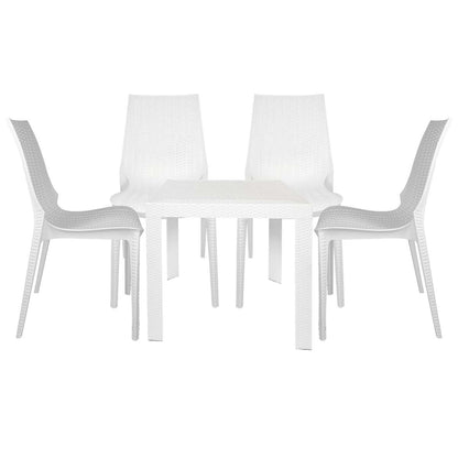LeisureMod Kent 5-Piece Outdoor Dining Set with Plastic Square Table and 4 Stackable Chairs with Weave Design | Outdoor Dining Sets | Modishstore