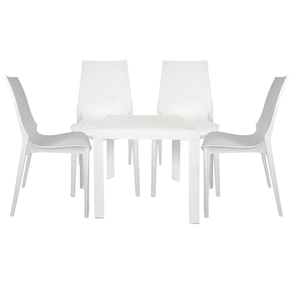 LeisureMod Kent 5-Piece Outdoor Dining Set with Plastic Square Table and 4 Stackable Chairs with Weave Design | Outdoor Dining Sets | Modishstore
