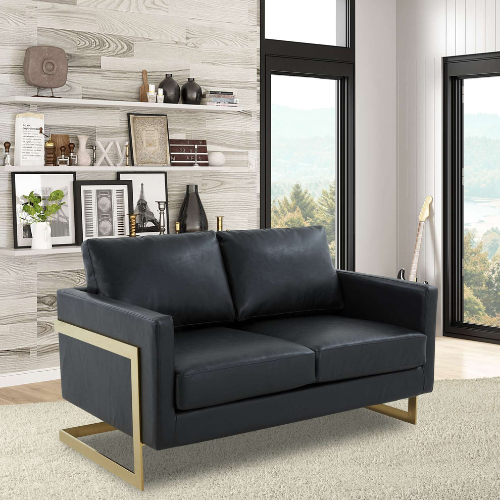 LeisureMod Lincoln Modern Mid-Century Upholstered Leather Loveseat with Gold Frame | Loveseats | Modishstore