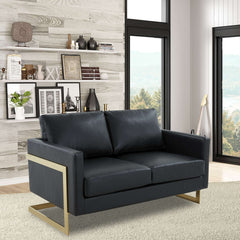LeisureMod Lincoln Modern Mid-Century Upholstered Leather Loveseat with Gold Frame