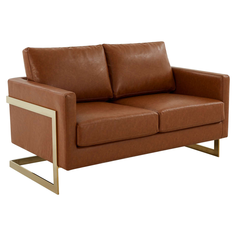 LeisureMod Lincoln Modern Mid-Century Upholstered Leather Loveseat with Gold Frame | Loveseats | Modishstore - 11