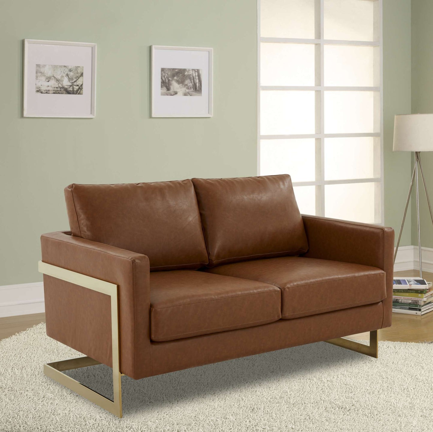 LeisureMod Lincoln Modern Mid-Century Upholstered Leather Loveseat with Gold Frame | Loveseats | Modishstore - 13