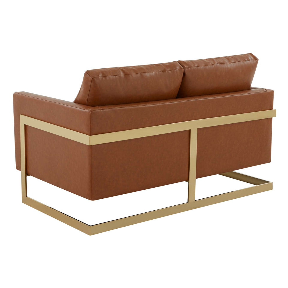 LeisureMod Lincoln Modern Mid-Century Upholstered Leather Loveseat with Gold Frame | Loveseats | Modishstore - 9