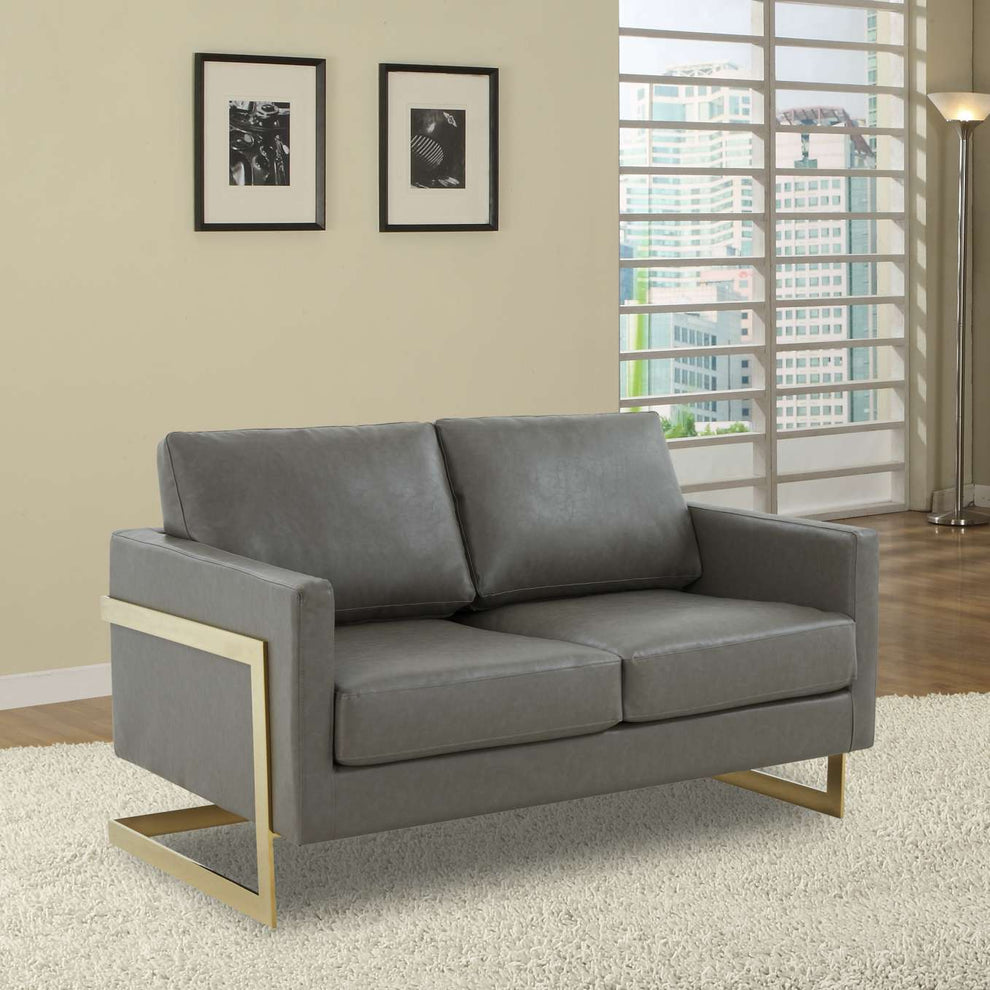 LeisureMod Lincoln Modern Mid-Century Upholstered Leather Loveseat with Gold Frame | Loveseats | Modishstore - 19