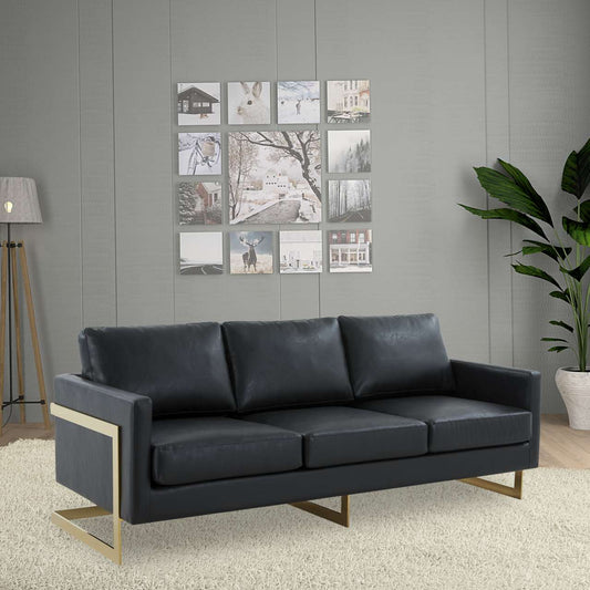 LeisureMod Lincoln Modern Mid-Century Upholstered Leather Sofa with Gold Frame | Sofas | Modishstore
