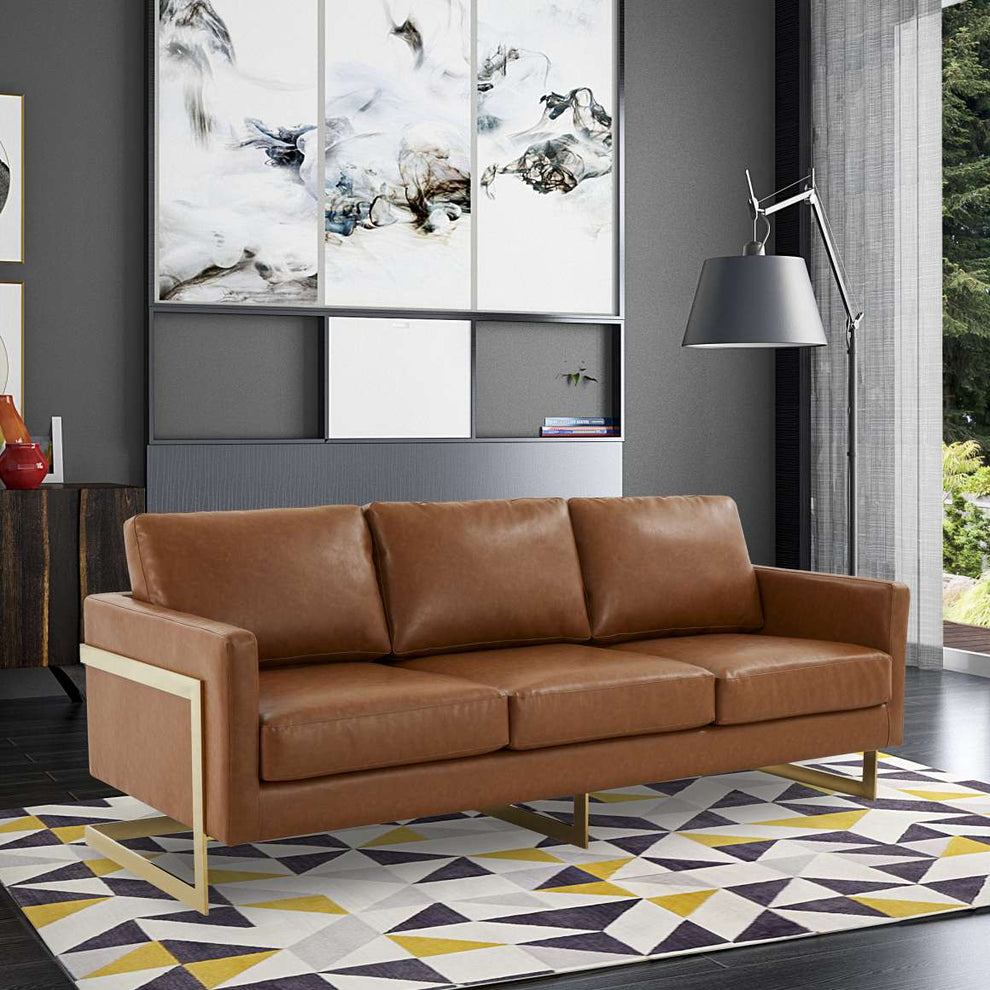 LeisureMod Lincoln Modern Mid-Century Upholstered Leather Sofa with Gold Frame | Sofas | Modishstore - 9