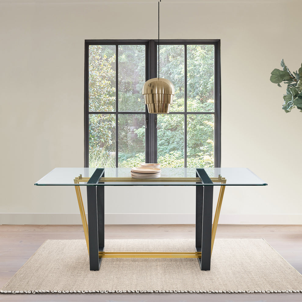 Kai 72" Rectangular Dining Table in Black Iron and Brushed Stainless Steel Base with Glass Tabletop By Armen Living | Dining Tables | Modishstore - 10