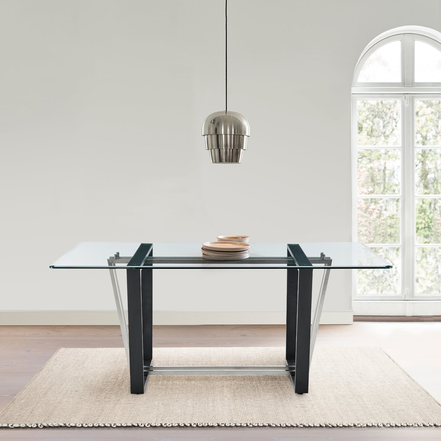 Kai 72" Rectangular Dining Table in Black Iron and Brushed Stainless Steel Base with Glass Tabletop By Armen Living | Dining Tables | Modishstore
