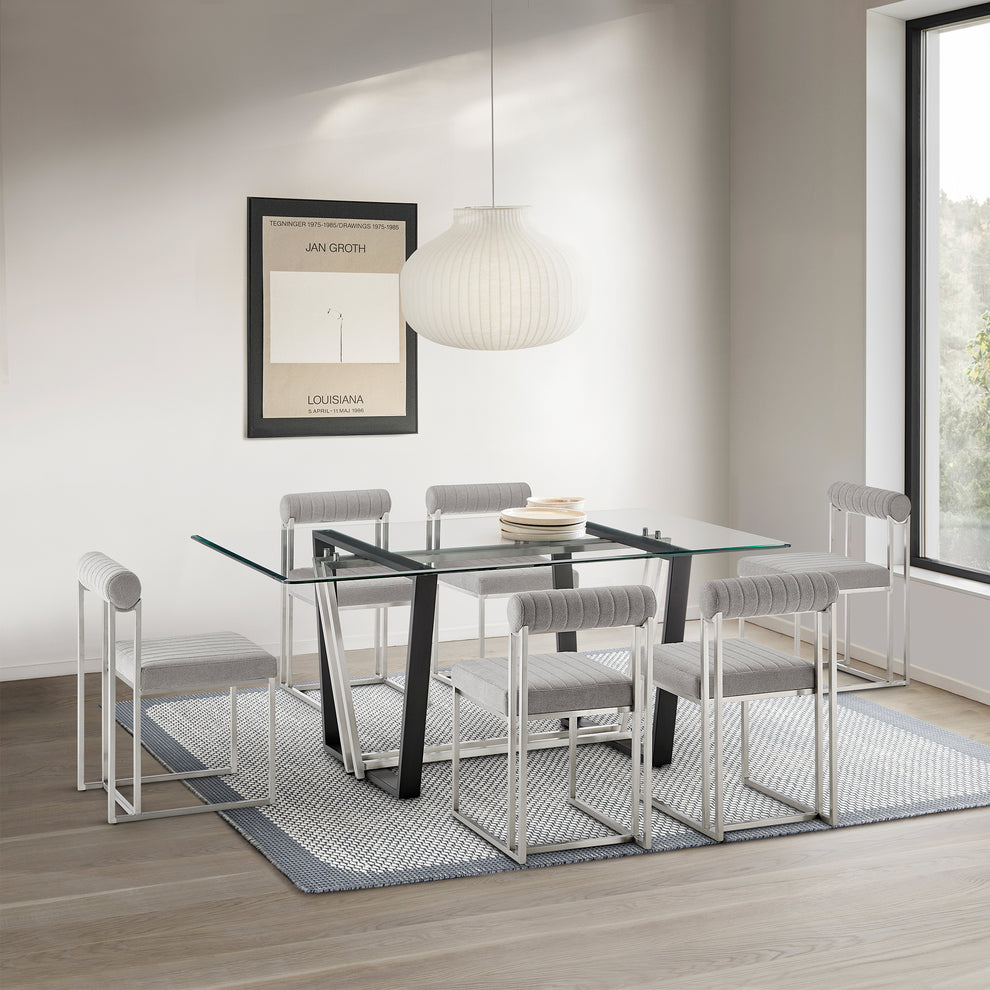 Kai 72" Rectangular Dining Table in Black Iron and Brushed Stainless Steel Base with Glass Tabletop By Armen Living | Dining Tables | Modishstore - 2