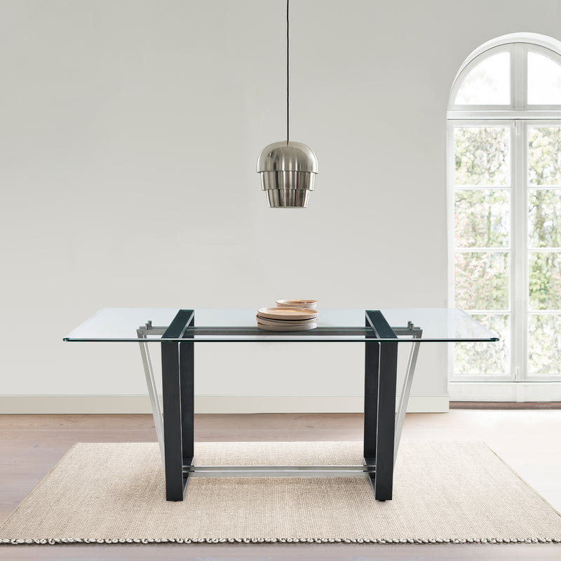 Kai 72" Rectangular Dining Table in Black Iron and Brushed Stainless Steel Base with Glass Tabletop By Armen Living | Dining Tables | Modishstore