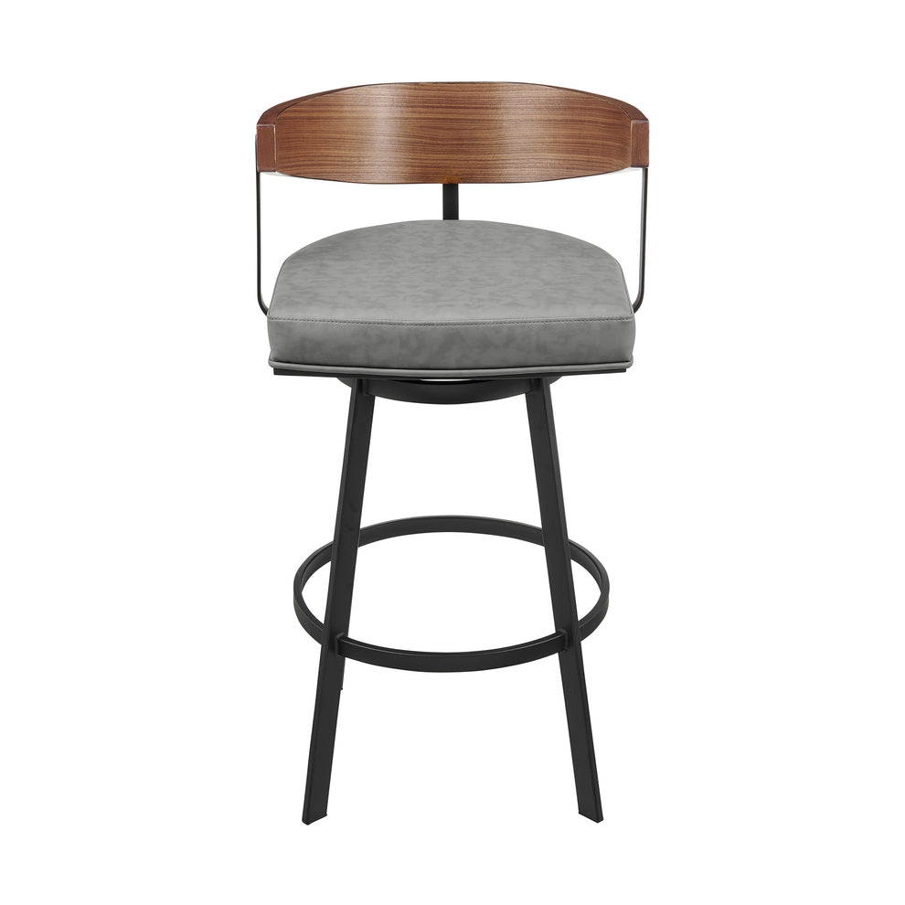 Lacey 30" Swivel Bar Stool in Black Iron with Walnut Finish and Vintage Gray Faux Leather By Armen Living | Bar Stools | Modishstore - 3