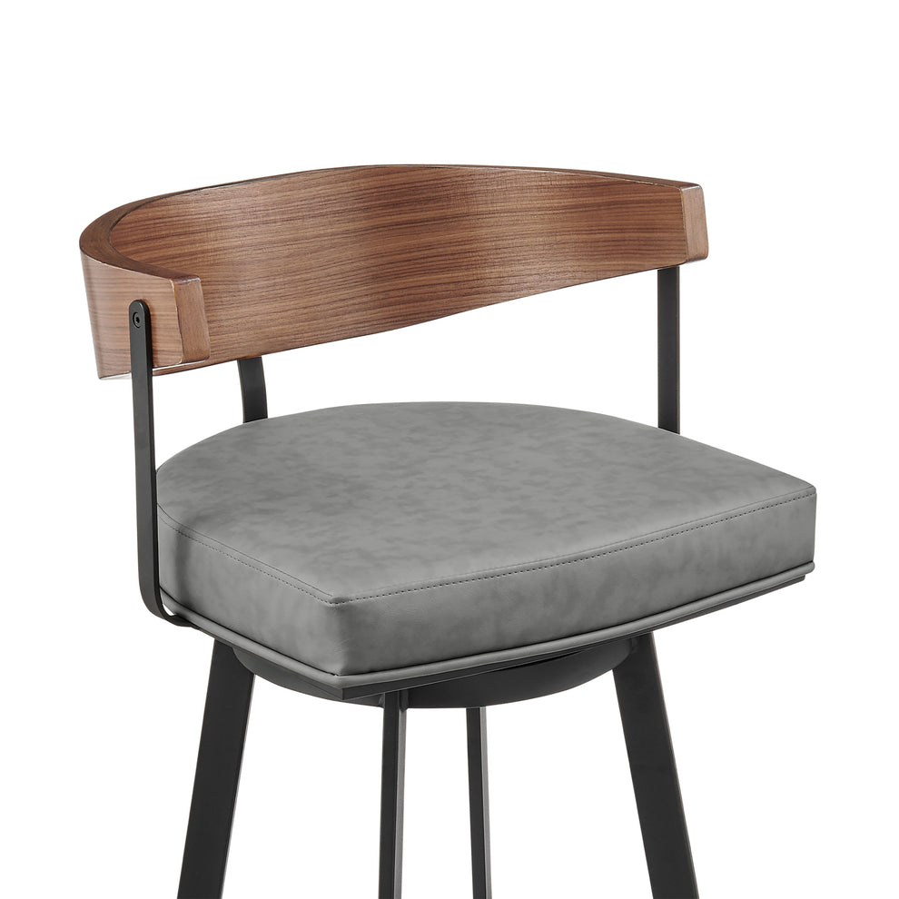 Lacey 30" Swivel Bar Stool in Black Iron with Walnut Finish and Vintage Gray Faux Leather By Armen Living | Bar Stools | Modishstore - 5