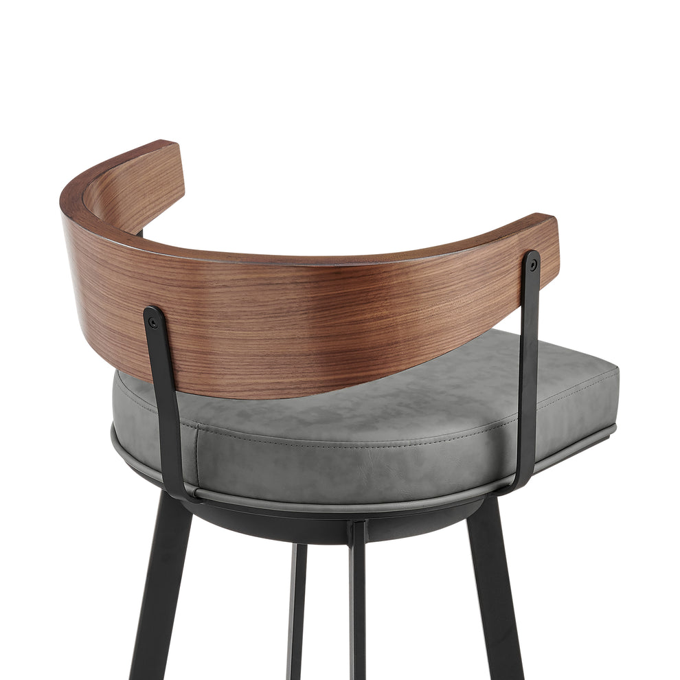 Lacey 30" Swivel Bar Stool in Black Iron with Walnut Finish and Vintage Gray Faux Leather By Armen Living | Bar Stools | Modishstore - 6