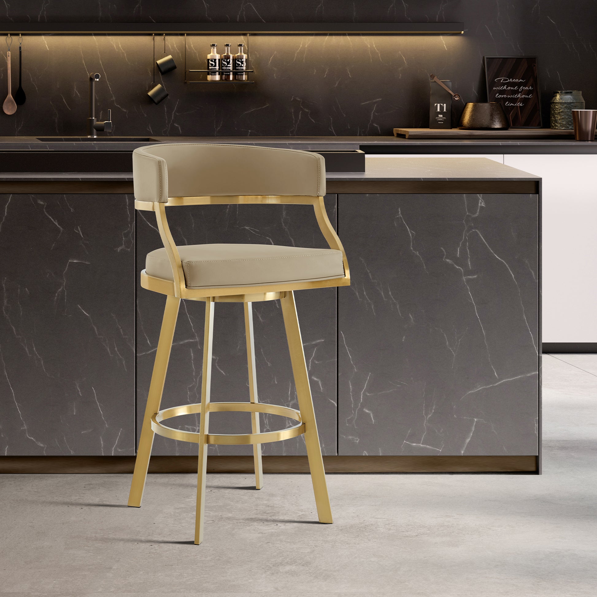 Saturn 26" Swivel Counter Stool with Gold Brushed Stainless Steel and Light Sand Faux Leather By Armen Living | Bar Stools | Modishstore
