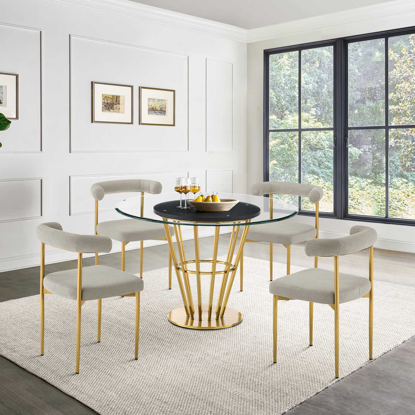 Veronica 48" Round Dining Table in Gold Stainless Steel Base with Walnut Panel and Glass Tabletop By Armen Living | Dining Tables | Modishstore - 2