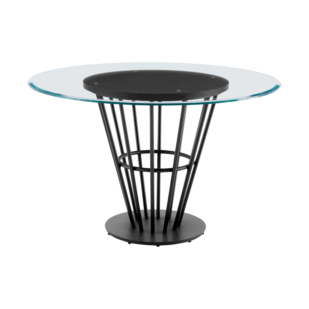 Veronica 48" Round Dining Table in Black Iron Base with Walnut Panel and Glass Tabletop By Armen Living | Dining Tables | Modishstore - 3