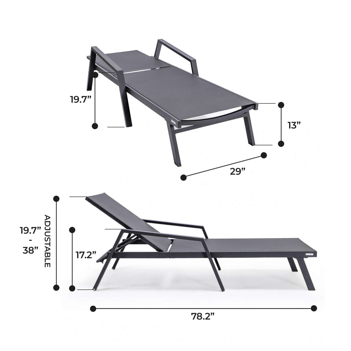 LeisureMod Marlin Patio Chaise Lounge Chair With Armrests in Black Aluminum Frame, Set of 2 | Outdoor Chaise Lounges | Modishstore - 5