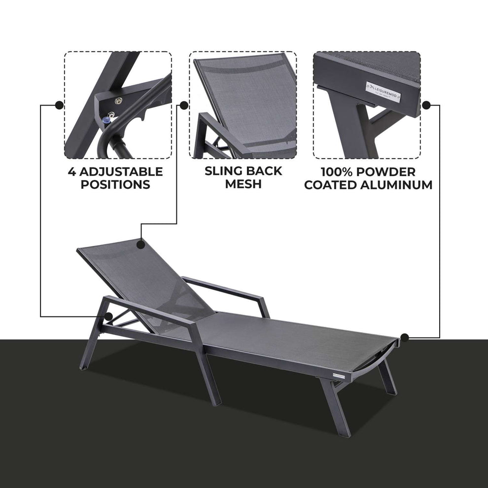 LeisureMod Marlin Patio Chaise Lounge Chair With Armrests in Black Aluminum Frame, Set of 2 | Outdoor Chaise Lounges | Modishstore - 6