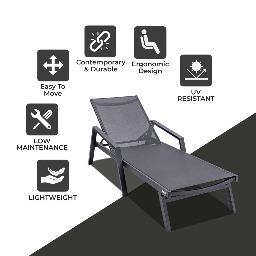 LeisureMod Marlin Patio Chaise Lounge Chair With Armrests in Black Aluminum Frame, Set of 2 | Outdoor Chaise Lounges | Modishstore - 7