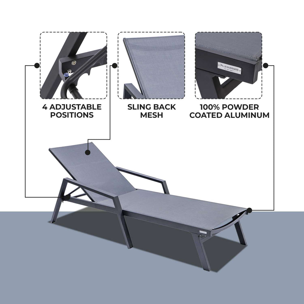 LeisureMod Marlin Patio Chaise Lounge Chair With Armrests in Black Aluminum Frame, Set of 2 | Outdoor Chaise Lounges | Modishstore - 28
