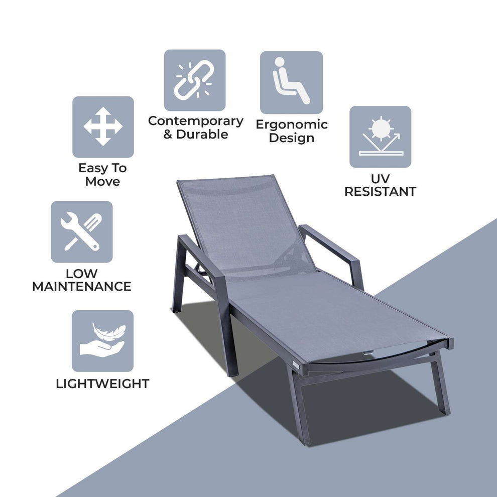 LeisureMod Marlin Patio Chaise Lounge Chair With Armrests in Black Aluminum Frame, Set of 2 | Outdoor Chaise Lounges | Modishstore - 27