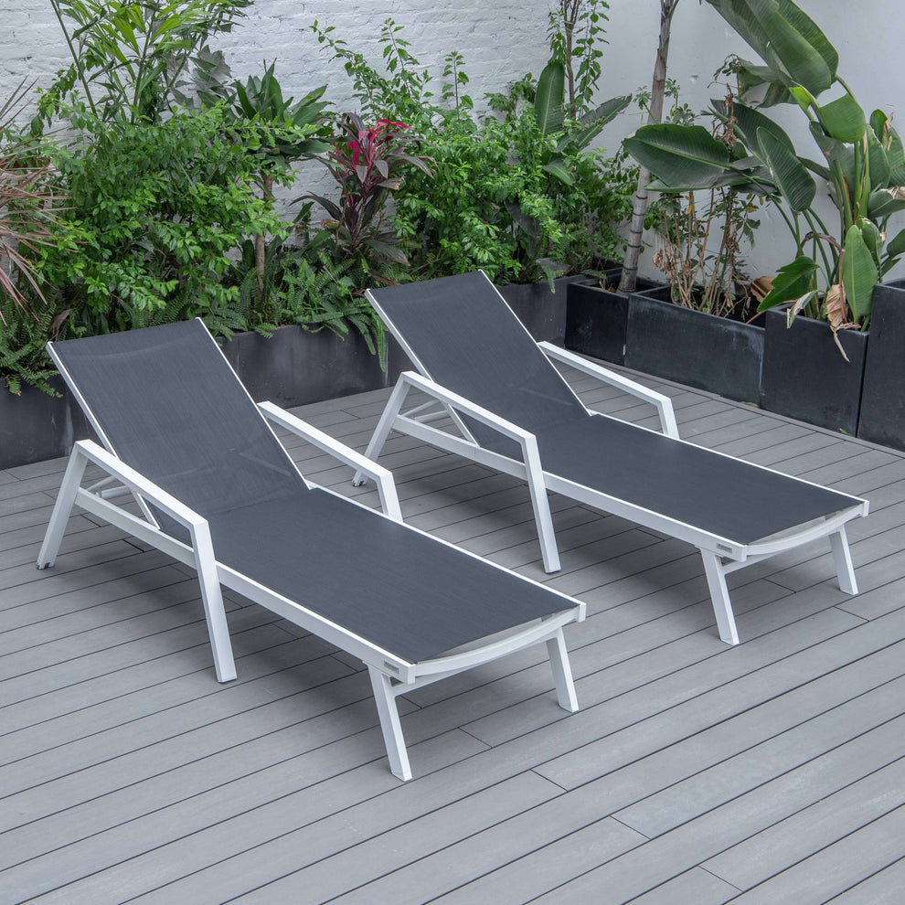 LeisureMod Marlin Patio Chaise Lounge Chair With Armrests in White Aluminum Frame, Set of 2 | Outdoor Chaise Lounges | Modishstore - 3
