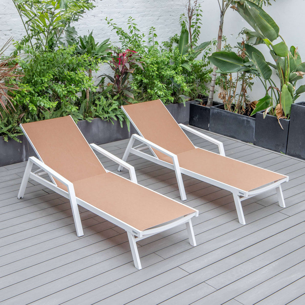 LeisureMod Marlin Patio Chaise Lounge Chair With Armrests in White Aluminum Frame, Set of 2 | Outdoor Chaise Lounges | Modishstore - 67