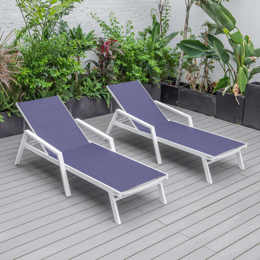 LeisureMod Marlin Patio Chaise Lounge Chair With Armrests in White Aluminum Frame, Set of 2 | Outdoor Chaise Lounges | Modishstore - 91