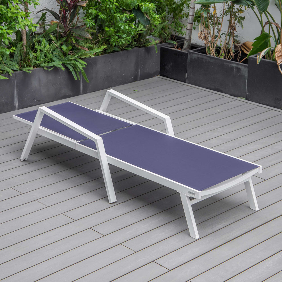 LeisureMod Marlin Patio Chaise Lounge Chair With Armrests in White Aluminum Frame, Set of 2 | Outdoor Chaise Lounges | Modishstore - 100